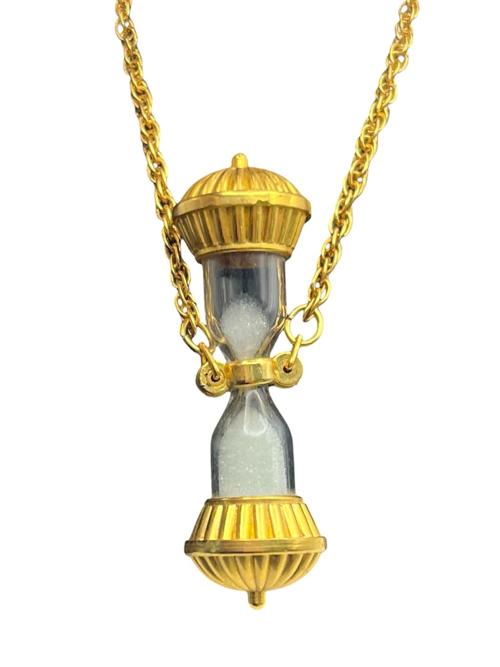 Hourglass timeless sands gold tone pendant on rope chain necklace vintage glass